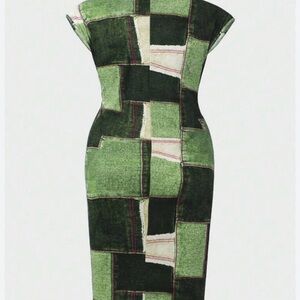 SHEIN Green Patchwork Midi Dress